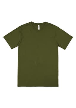 An olive green men's short sleeve T-shirt with a crew neck and a label inside the collar.