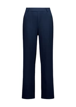 A pair of women's soft stretch pants in navy blue featuring a straight leg design. The garment has a logo.