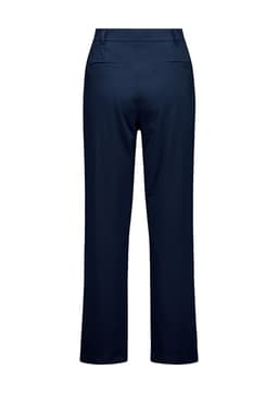 A pair of navy soft stretch pants featuring a straight leg design and back pockets. The product has a logo.