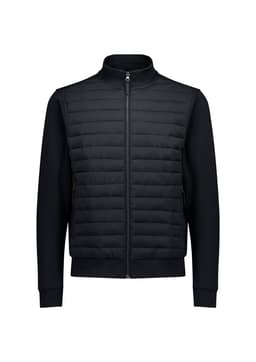 A black men's tailored jacket featuring a quilted front and smooth sleeves, with a zip closure and side pockets.