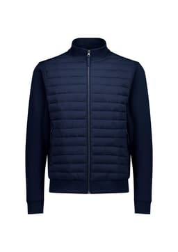 A navy tailor jacket featuring a quilted front and a smooth zip-up design with two side pockets.