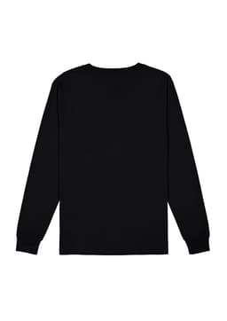 A black long sleeve tee featuring a plain back design and fitted cuffs. It includes a logo at the neck area.