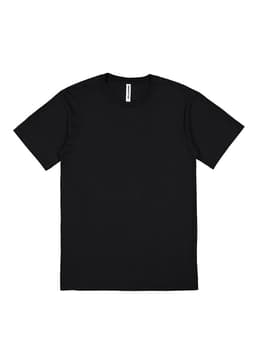 A black short sleeve T-shirt, featuring a simple design and a logo on the label.