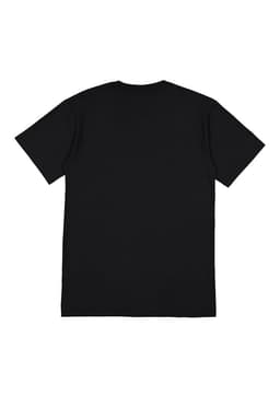 A black short sleeve T-shirt with a plain back and a logo present.