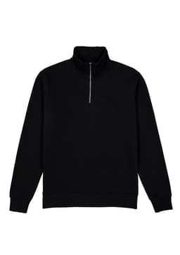 A black men's 1/4 zip jumper featuring a high collar and long sleeves, with a small zip at the front.
