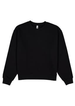 A black crew sweatshirt with long sleeves and a ribbed neckline. The garment features a logo.
