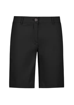 A pair of black chino shorts featuring a front button closure and pockets. The shorts have a sleek, tailored design.