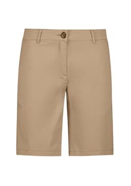 A pair of women's chino shorts in a light khaki colour, featuring a front button and pockets, with a logo.
