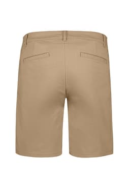 A pair of women's chino shorts in a light tan colour with pockets at the back, featuring a branding logo.