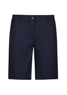 A pair of navy blue women's chino shorts with a front button closure and pockets, featuring a subtle logo.