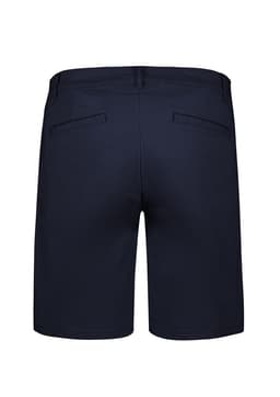 A pair of navy women's chino shorts featuring two back pockets and a standard waistband.