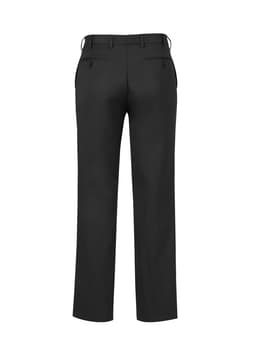 A pair of black men's slacks with a smooth finish and back pockets, featuring a waist adjuster and branding.
