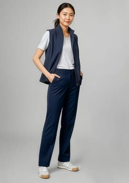 A woman stands in navy blue slacks paired with a white t-shirt and a navy vest, featuring a logo on the vest.