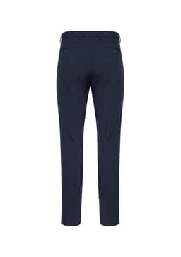A pair of men's classic slim pants in navy blue, featuring a smooth back design with pockets and a branded label.