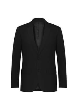 A classic black jacket with a tailored fit, featuring two front pockets and a notched lapel.