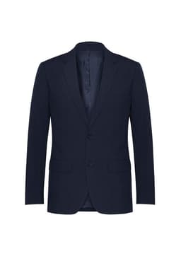 A navy classic jacket with a single-breasted design and two front pockets. Features a logo.