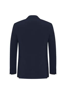 A navy blue men's classic jacket with a tailored fit and a single vent at the back. Features a logo on the inside.