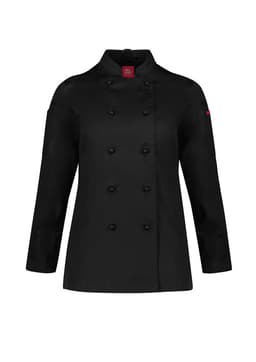 A black long sleeve chef jacket featuring double-breasted buttons and a logo on the sleeve.