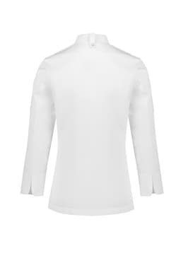 A white long sleeve chef jacket with a high collar and side slits, featuring a logo on the sleeve.