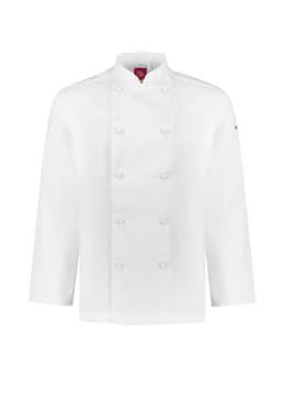 A white long sleeve chef jacket with a double-breasted design and branding on the sleeve.