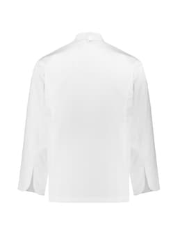 A white long sleeve chef jacket featuring a back view with a button closure and a branding logo.