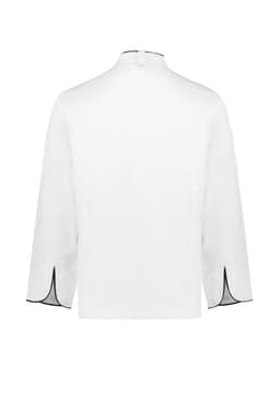 A white long sleeve chef jacket with black detailing, featuring a collar and tailored fit. Includes a logo on the sleeve.