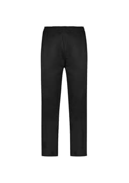 A pair of black track pants with an elastic waistband and a simple design, featuring a logo.