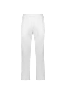 A pair of white track pants featuring an elasticised waistband and a logo.