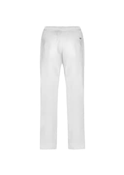 A pair of white track pants with an elastic waistband and minimal branding on the back.