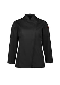A black long sleeve chef jacket with a mandarin collar and pockets, featuring a logo. 