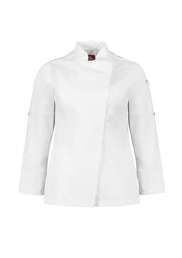 A white long sleeve chef jacket featuring a sleek design and a logo on the sleeve.