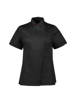 A black short sleeve chef jacket featuring a mandarin collar and a logo on the chest.