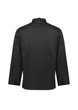 A black long sleeve chef jacket featuring a high collar and back vents. Includes a branding logo.