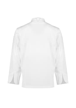 A white long sleeve chef jacket featuring a high collar and side slits, with a logo on the back.