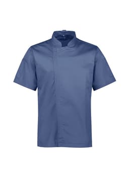 A short sleeve chef jacket in navy blue with a sleek design and a plain finish. It features a logo detail.