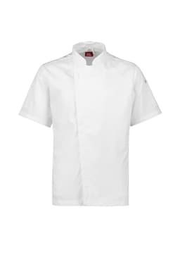 A white short sleeve chef jacket with a stand collar and a logo on the sleeve.
