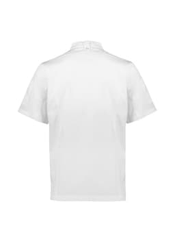A white short sleeve chef jacket featuring a simple design and a back button closure, with a logo present.