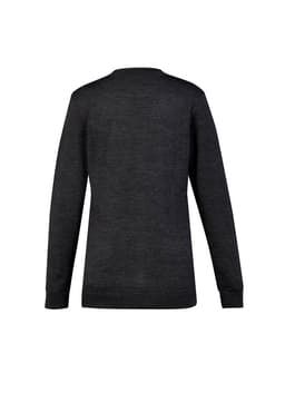 A dark grey women's button front knit cardigan with long sleeves and a rounded neckline. The back view shows a simple design.