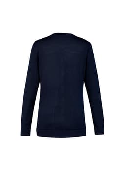 A navy women's button front knit cardigan with long sleeves and a ribbed hem. Features a logo on the back.