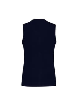 A navy blue women's button front knit vest with a sleeveless design and a simple, clean back.