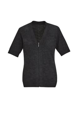 A dark grey women's zip front short sleeve knit cardigan with a relaxed fit. It features a v-neck design and short sleeves.