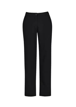 Black straight leg pants featuring a comfort waist design, suitable for women's casual or formal wear.