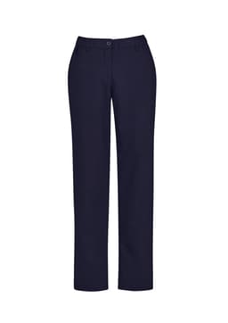 Navy women's straight leg pants with a comfort waist, featuring two front pockets and a button closure.