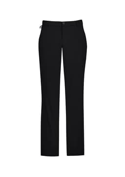 Black men's comfort waist flat front pants with a logo, featuring a straight leg design.