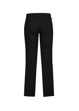A pair of black flat front pants with a comfort waist design, featuring a simple waistband and straight legs.
