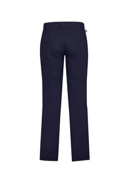 Navy blue flat front pants with a comfortable waist, featuring a logo on the back.