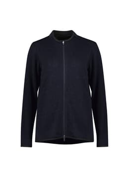 A black zip-front jumper featuring long sleeves and a round neckline. It has a simple design and includes a logo.
