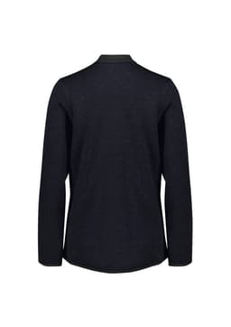 A black zip front jumper with long sleeves and a smooth texture at the back. Features a logo on the garment.