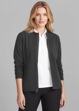 A women's zip-front jumper in dark grey, featuring a fitted design and a high collar. It has a logo on the side.