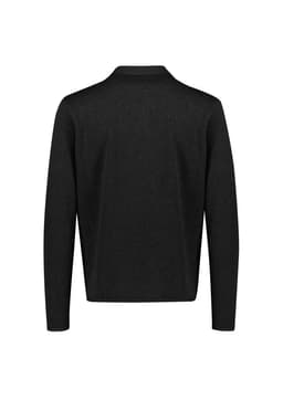 A black men's zip front jumper with a minimalist design and a collar, featuring a branding logo.
